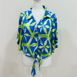 Haute Hippie Blouse‎ With Tie Front & Abstract Print Blue Green Short sleeve M
